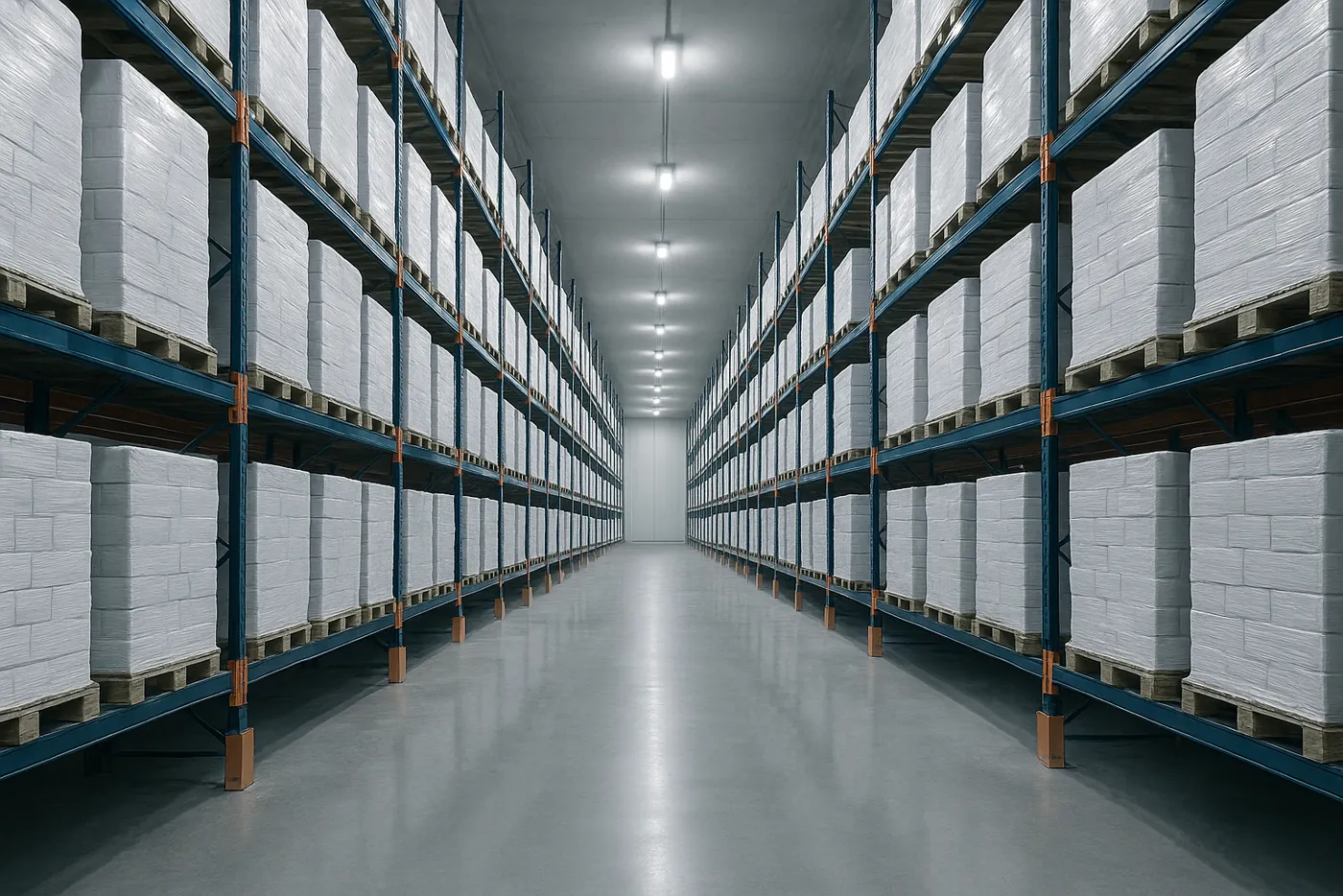 A wide high-bay aisle inside the Arctic Kepong cold-storage facility, tall racking stacked with palletised frozen goods receding into the cold